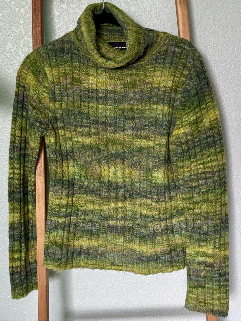 DKNY JEANS Green/Blue/gray Marled Turtle Neck Ribbed Knit Sweater